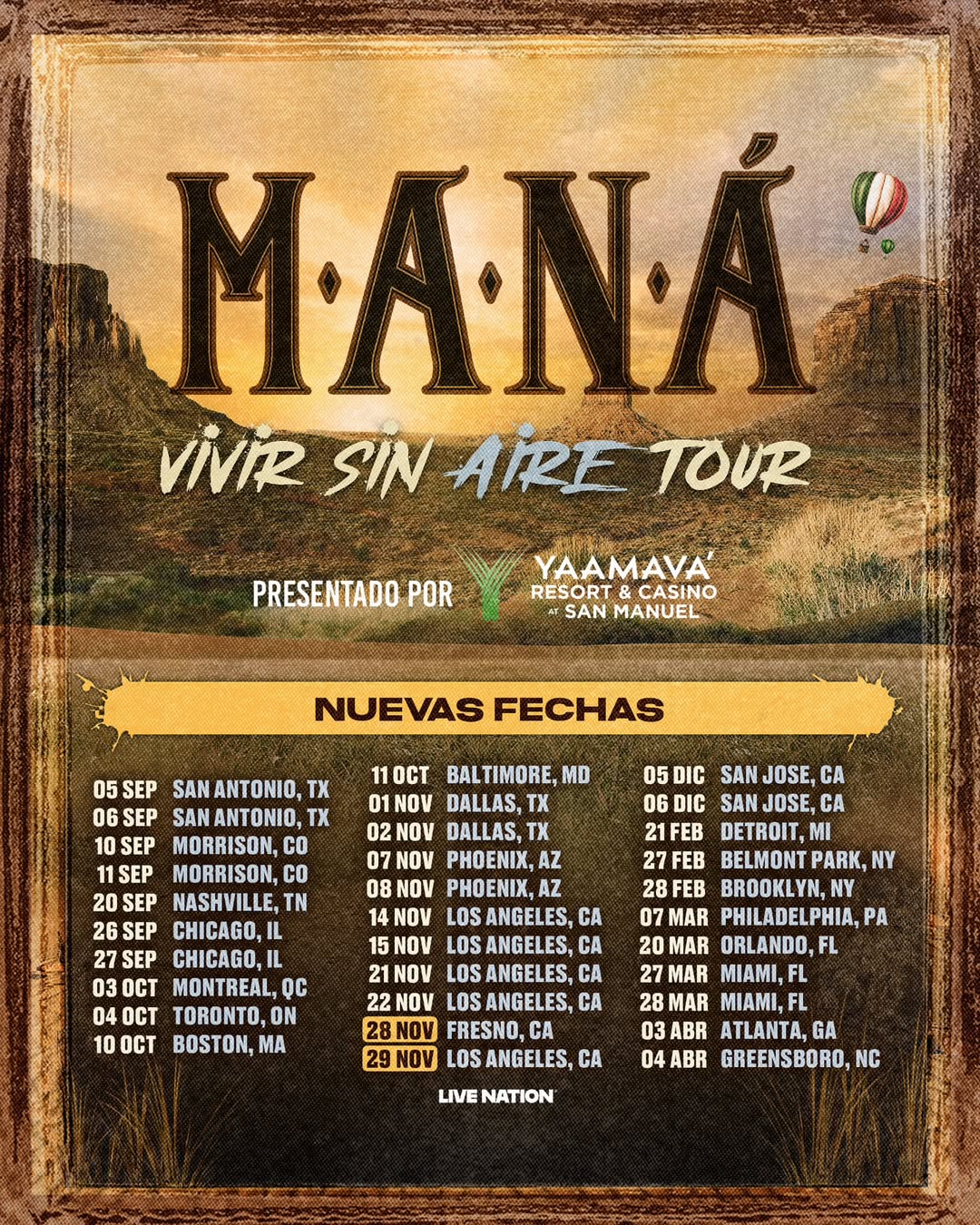 Maná Vivir Sin Aire Tour Poster 2026